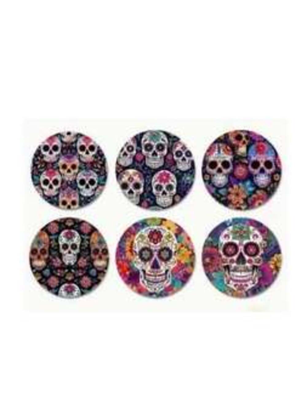 New - 6pcs - Dia de los Muertos Skull & Floral Design Wooden Coasters